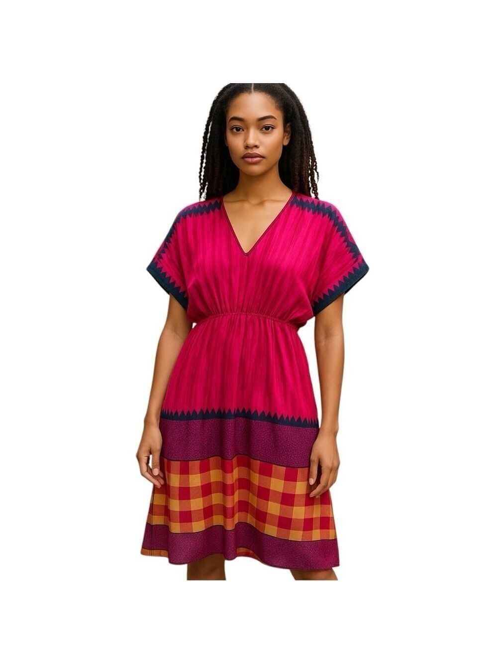 Azur Pink Swim Cover Up Dress O/S V Neck Bat wing Relaxed Fit Flowy Boho Tunic